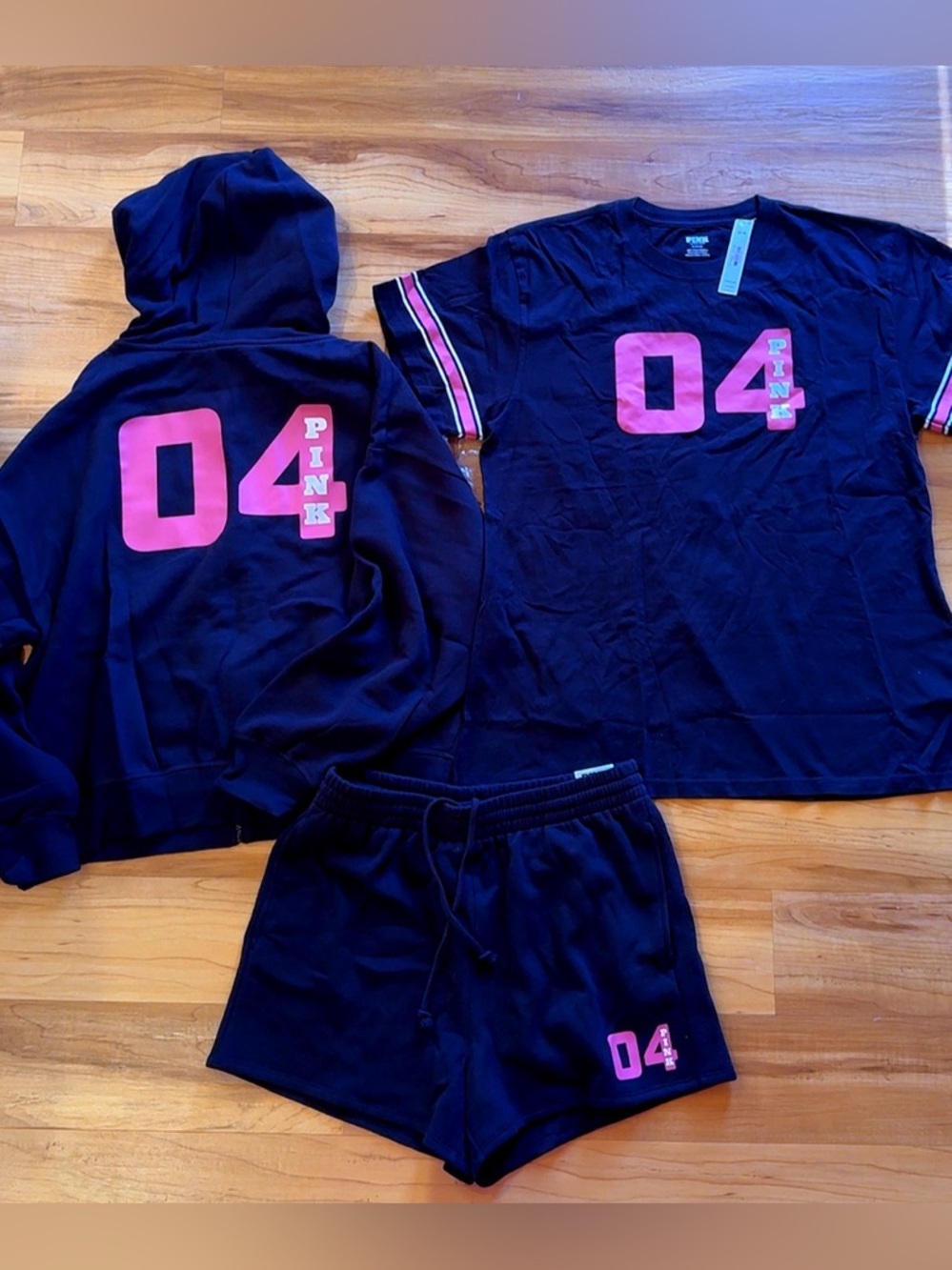 RARE PINK  3PC Matching Set Black 04 Campus Hoodie, Tee, Shorts Medium NWT HTF